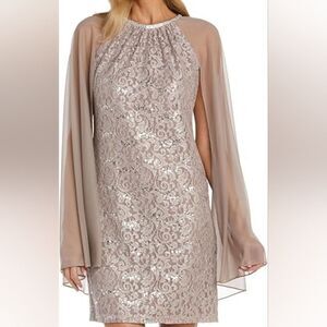 R&M Richards Light Silver Lace Long Cape Sleeve Dress L